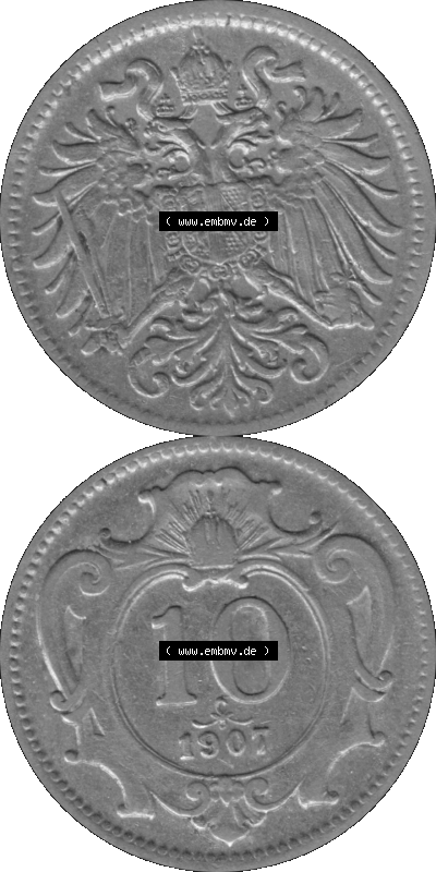 Alte Münze aus Kaiserreich Österreich als PNG-Grafik 1892-1911, 10 Heller 1907 (Stück 1) Graustufen Sammlung