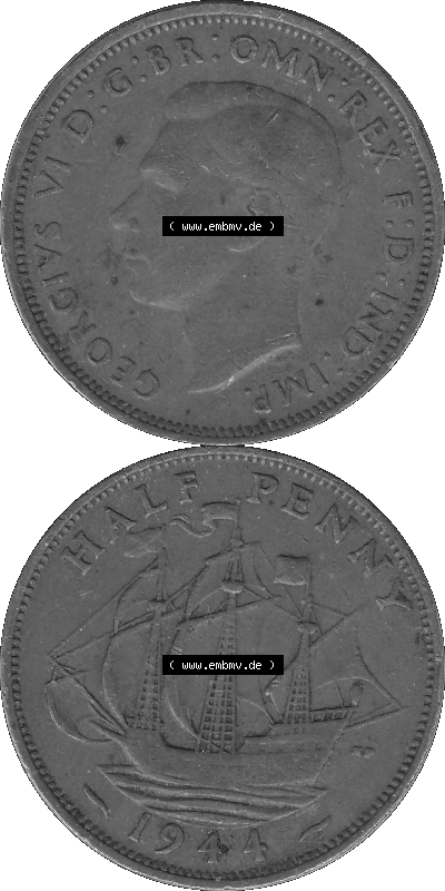 Großbritannien Umlaufmünze Half Penny 1937-1948, Half Penny 1944 (Stück 1), George VI. GEORGIVS VI D-G-BR-OMN-REX F-D-IND-IMP.HP... Sammlung