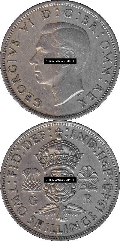 Alte Münze Großbritannien, Bild in Farbe bzw. Color PNG-Grafik, Umlaufmünze aus dem Zeitraum 1947-1948, 2 Schilling-Florin,... Sammlung