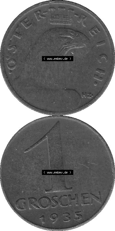 1 / Ein Groschen Österreich in s/w Schwarzweiß bzw. Graustufen Farbgebung von Scanner transparenten PNG 1925-1938, 1-Ein Groschen,... Sammlung
