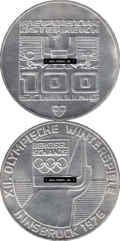 100 / Einhundert Schilling Österreich auf original farbigen transparenten PNG-Bild 1976-1976, 100 Hundert Schilling, Skisprungschanze... Sammlung
