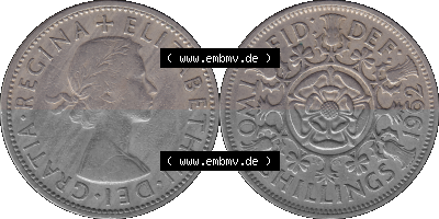 Alte Münze Großbritannien, Bild in Farbe bzw. Color PNG-Grafik, Umlaufmünze aus dem Zeitraum 1954-1970, 2 Schilling-Florin,... Sammlung