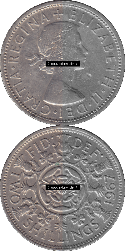 Alte Münze Großbritannien, Bild in Farbe bzw. Color PNG-Grafik, Umlaufmünze aus dem Zeitraum 1954-1970, 2 Schilling-Florin,... Sammlung
