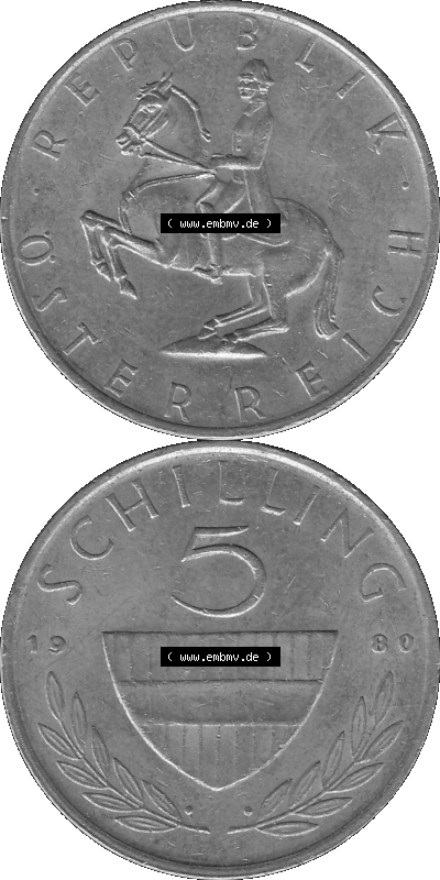 5 / Fünf Schilling Österreich in s/w Schwarzweiß bzw. Graustufen Farbgebung von Scanner transparenten PNG 1968-2001, 5 Schilling... Sammlung