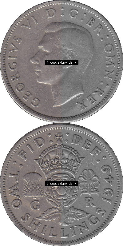 Alte Münze Großbritannien, Bild in Farbe bzw. Color PNG-Grafik, Umlaufmünze aus dem Zeitraum 1949-1951, 2 Schilling-Florin,... Sammlung