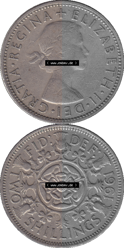 Alte Münze Großbritannien, Bild in Farbe bzw. Color PNG-Grafik, Umlaufmünze aus dem Zeitraum 1954-1970, 2 Schilling-Florin,... Sammlung