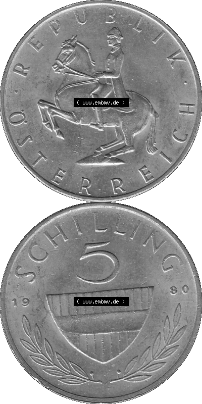 5 / Fünf Schilling Österreich in s/w Schwarzweiß bzw. Graustufen Farbgebung von Scanner transparenten PNG 1968-2001, 5 Schilling... Sammlung