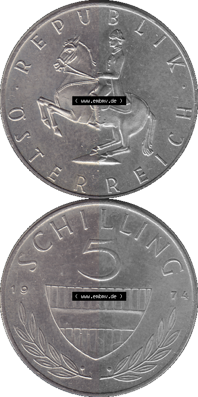 5 / Fünf Schilling Österreich in original Farbgebung von Scanner transparenten PNG 1968-2001, 5 Schilling 1974 (Stück 1), Reiter... Sammlung