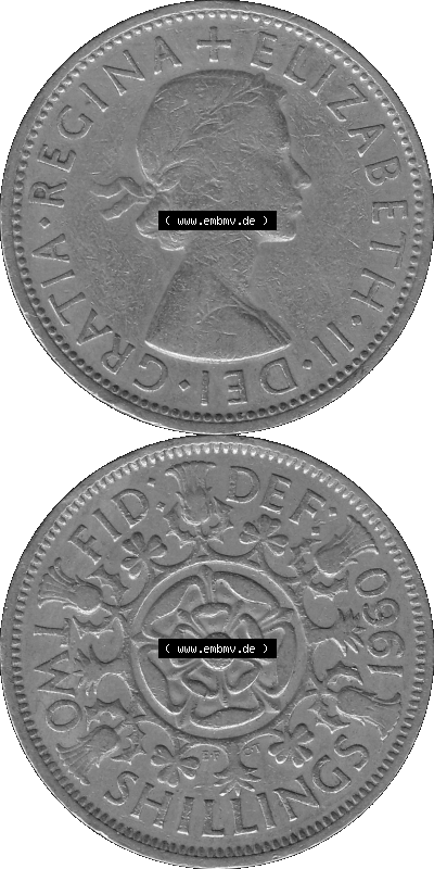 Alte Münze Großbritannien, Bild in s/w bzw. Graustufen PNG-Grafik, Umlaufmünze aus dem Zeitraum 1954-1970, 2 Schilling-Florin,... Sammlung