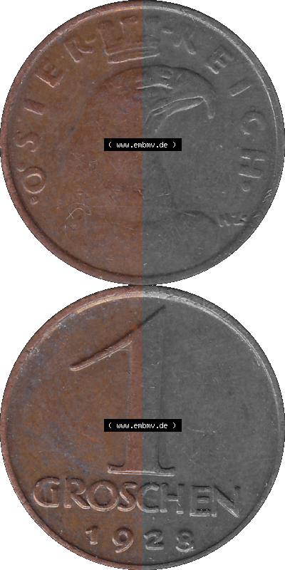 1 / Ein Groschen Österreich in original Farbgebung von Scanner transparenten PNG 1925-1938, 1-Ein Groschen, Adlerkopf mit Mauerkrone... Sammlung