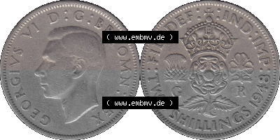 Alte Münze Großbritannien, Bild in Farbe bzw. Color PNG-Grafik, Umlaufmünze aus dem Zeitraum 1947-1948, 2 Schilling-Florin,... Sammlung