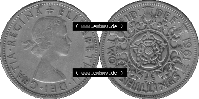 Alte Münze Großbritannien, Bild in s/w bzw. Graustufen PNG-Grafik, Umlaufmünze aus dem Zeitraum 1954-1970, 2 Schilling-Florin,... Sammlung