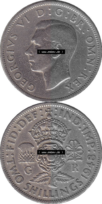 Alte Münze Großbritannien, Bild in Farbe bzw. Color PNG-Grafik, Umlaufmünze aus dem Zeitraum 1947-1948, 2 Schilling-Florin,... Sammlung