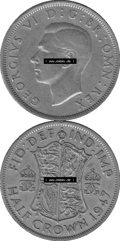 Alte Münze Großbritannien, Bild in s/w bzw. Graustufen PNG-Grafik 1947-1948, Halbe - 1/2 Krone, Half Crown 1947 (Stück 1),... Sammlung