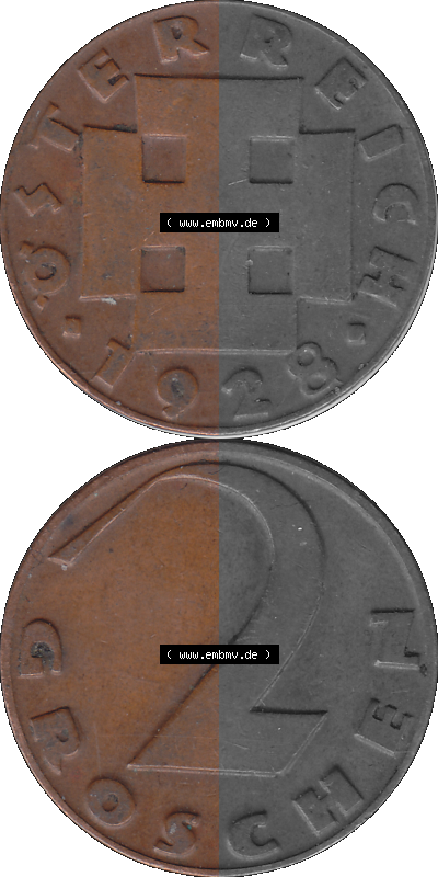 2 / Zwei Groschen Österreich in original Farbgebung von Scanner transparenten PNG 1925-1938, 2 Zwei Groschen, Krückenkreuz 1928... Sammlung