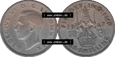 Alte Münze Großbritannien, Bild in Farbe bzw. Color PNG-Grafik 1947-1948, 1 One Schilling - One Shilling, 1947 (Stück 2) Sitzender... Sammlung