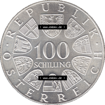 100 / Einhundert Schilling Österreich auf original farbigen transparenten PNG-Bild 1976-1976, 100 Hundert Schilling, Emblem der... Sammlung