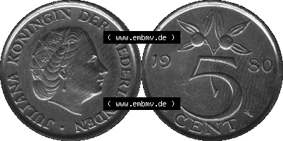 Alte Münze Niederlande in Grau 1950-1980, 5 Cent Königin Juliana 1980 (Stück 1) Graustufen, Nederland Sammlung