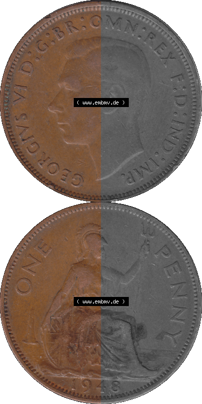 Großbritannien Umlaufmünze 1937-1948, 1 One Penny 1948 (Stück 1), George VI, GEORGIVS VI DGBROMNREX FDINDIMP. HP Sammlung