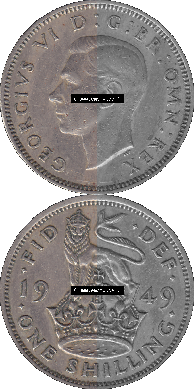 Alte Münze Großbritannien, Bild in Farbe bzw. Color PNG-Grafik 1949-1951, 1 One Schilling - One Shilling, 1949 (Stück 1) Stehender... Sammlung