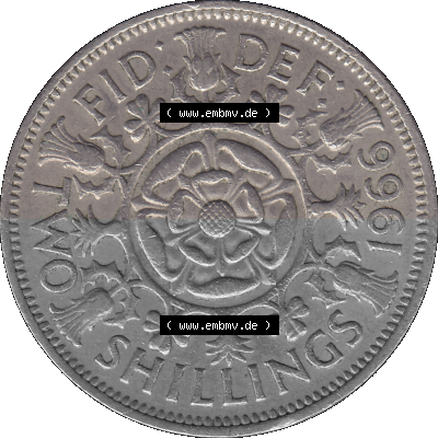 Alte Münze Großbritannien, Bild in Farbe bzw. Color PNG-Grafik, Umlaufmünze aus dem Zeitraum 1954-1970, 2 Schilling-Florin,... Sammlung