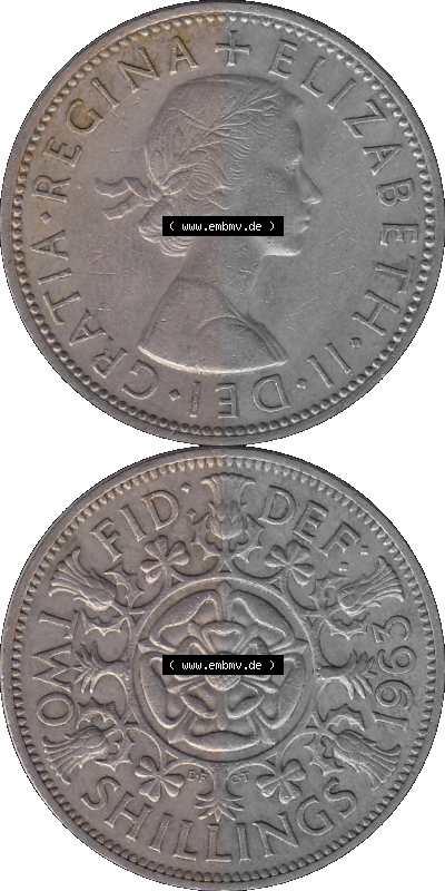 Alte Münze Großbritannien, Bild in Farbe bzw. Color PNG-Grafik, Umlaufmünze aus dem Zeitraum 1954-1970, 2 Schilling-Florin,... Sammlung