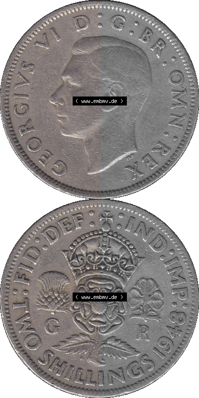 Alte Münze Großbritannien, Bild in Farbe bzw. Color PNG-Grafik, Umlaufmünze aus dem Zeitraum 1947-1948, 2 Schilling-Florin,... Sammlung