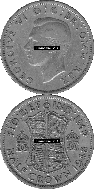 Alte Münze Großbritannien, Bild in s/w bzw. Graustufen PNG-Grafik 1947-1948, Halbe - 1/2 Krone, Half Crown 1948 (Stück 2) ,... Sammlung