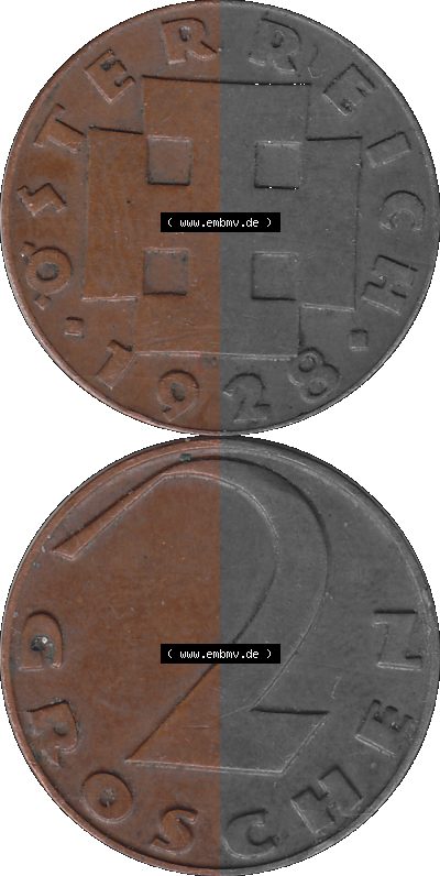 2 / Zwei Groschen Österreich in original Farbgebung von Scanner transparenten PNG 1925-1938, 2 Zwei Groschen, Krückenkreuz 1928... Sammlung