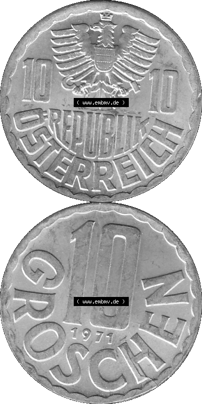 10 / Zehn Groschen Österreich in s/w Schwarzweiß bzw. Graustufen Farbgebung von Scanner transparenten PNG 1951-2001, 10 Groschen... Sammlung