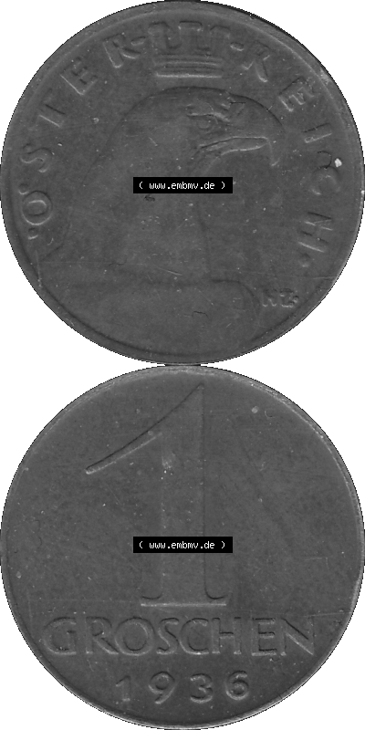 1 / Ein Groschen Österreich in s/w Schwarzweiß bzw. Graustufen Farbgebung von Scanner transparenten PNG 1925-1938, 1-Ein Groschen,... Sammlung