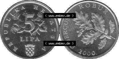 Kroatien Umlaufmünze 1994-2021, 5 Lipa 2000 (Stück 1) Graustufen Graustufen Sammlung