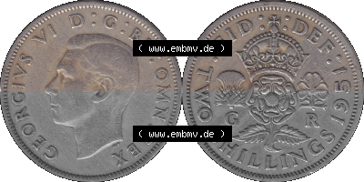 Alte Münze Großbritannien, Bild in Farbe bzw. Color PNG-Grafik, Umlaufmünze aus dem Zeitraum 1949-1951, 2 Schilling-Florin,... Sammlung