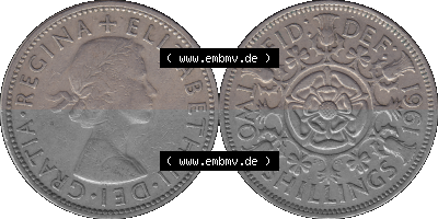 Alte Münze Großbritannien, Bild in Farbe bzw. Color PNG-Grafik, Umlaufmünze aus dem Zeitraum 1954-1970, 2 Schilling-Florin,... Sammlung