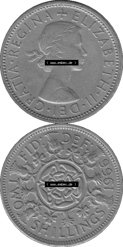Alte Münze Großbritannien, Bild in s/w bzw. Graustufen PNG-Grafik, Umlaufmünze aus dem Zeitraum 1954-1970, 2 Schilling-Florin,... Sammlung