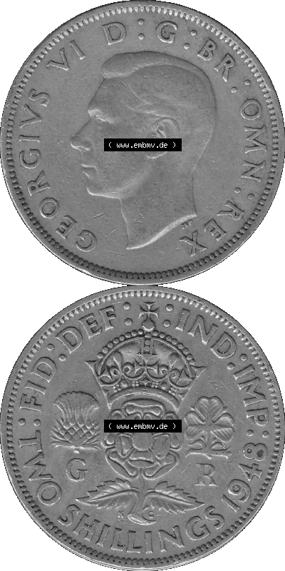 Alte Münze Großbritannien, Bild in s/w bzw. Graustufen PNG-Grafik, Umlaufmünze aus dem Zeitraum 1947-1948, 2 Schilling-Florin,... Sammlung