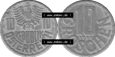 10 / Zehn Groschen Österreich in s/w Schwarzweiß bzw. Graustufen Farbgebung von Scanner transparenten PNG 1951-2001, 10 Groschen... Sammlung