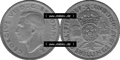 Alte Münze Großbritannien, Bild in s/w bzw. Graustufen PNG-Grafik, Umlaufmünze aus dem Zeitraum 1947-1948, 2 Schilling-Florin,... Sammlung
