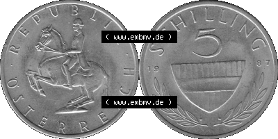 5 / Fünf Schilling Österreich in s/w Schwarzweiß bzw. Graustufen Farbgebung von Scanner transparenten PNG 1968-2001, 5 Schilling... Sammlung