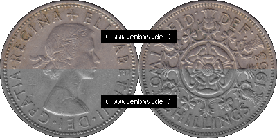 Alte Münze Großbritannien, Bild in Farbe bzw. Color PNG-Grafik, Umlaufmünze aus dem Zeitraum 1954-1970, 2 Schilling-Florin,... Sammlung