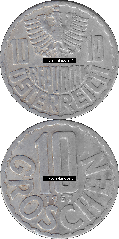 10 / Zehn Groschen Österreich in original Farbgebung von Scanner transparenten PNG 1951-2001, 10 Groschen 1957 (Stück 2) Sammlung