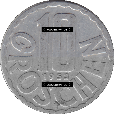 10 / Zehn Groschen Österreich in original Farbgebung von Scanner transparenten PNG 1951-2001, 10 Groschen 1953 (Stück 1) Sammlung