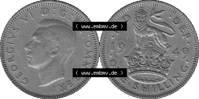 Alte Münze Großbritannien, Bild in s/w bzw. Graustufen PNG-Grafik 1949-1951, 1 One Schilling - One Shilling, 1949 (Stück 2)... Sammlung