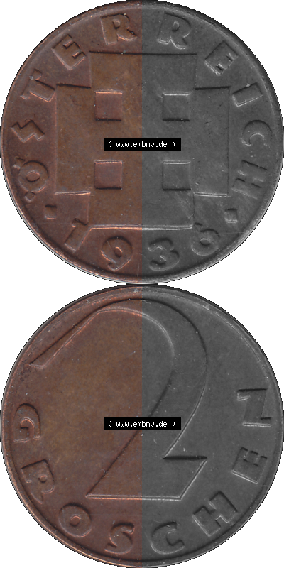 2 / Zwei Groschen Österreich in original Farbgebung von Scanner transparenten PNG 1925-1938, 2 Zwei Groschen, Krückenkreuz 1936... Sammlung
