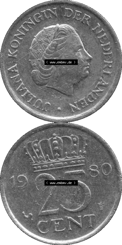 Alte Münze Niederlande in Grau 1950-1980, 25 Cent Königin Juliana 1980 (Stück 1) Graustufen, Fünfundzwanzig Cent Sammlung