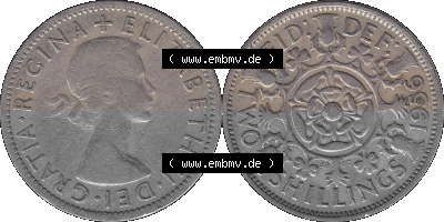 Alte Münze Großbritannien, Bild in Farbe bzw. Color PNG-Grafik, Umlaufmünze aus dem Zeitraum 1954-1970, 2 Schilling-Florin,... Sammlung