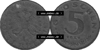 Österreich 5 / Fünf Groschen in s/w / grau / Graustufen 1948-1994, 5 Groschen 1951 (Stück 1) Graustufen Sammlung