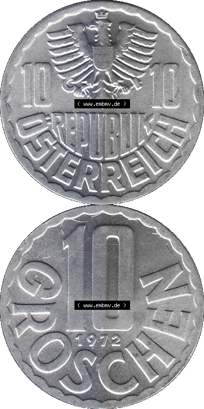 10 / Zehn Groschen Österreich in original Farbgebung von Scanner transparenten PNG 1951-2001, 10 Groschen 1972 (Stück 1) Sammlung