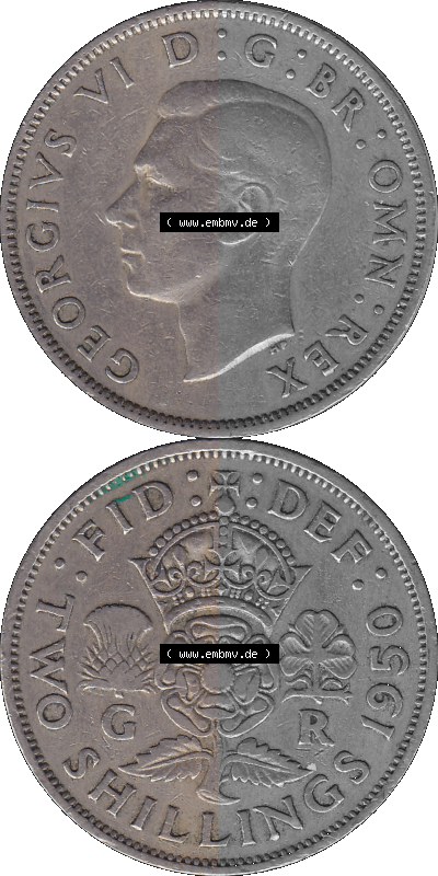 Alte Münze Großbritannien, Bild in Farbe bzw. Color PNG-Grafik, Umlaufmünze aus dem Zeitraum 1949-1951, 2 Schilling-Florin,... Sammlung