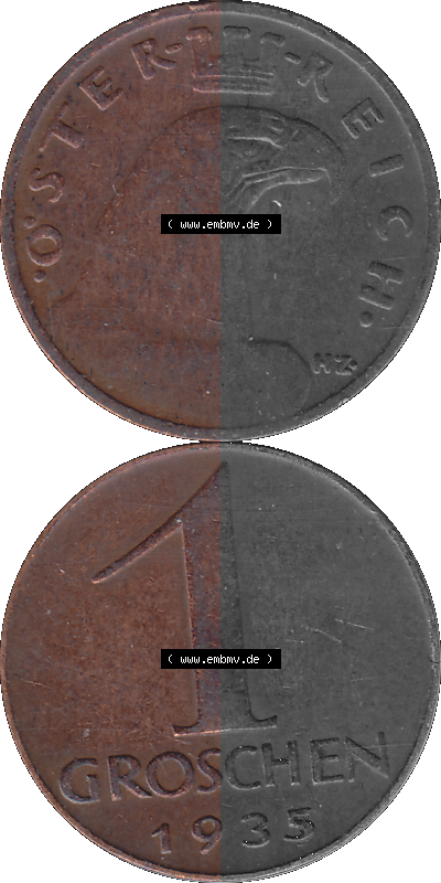 1 / Ein Groschen Österreich in original Farbgebung von Scanner transparenten PNG 1925-1938, 1-Ein Groschen, Adlerkopf mit Mauerkrone... Sammlung